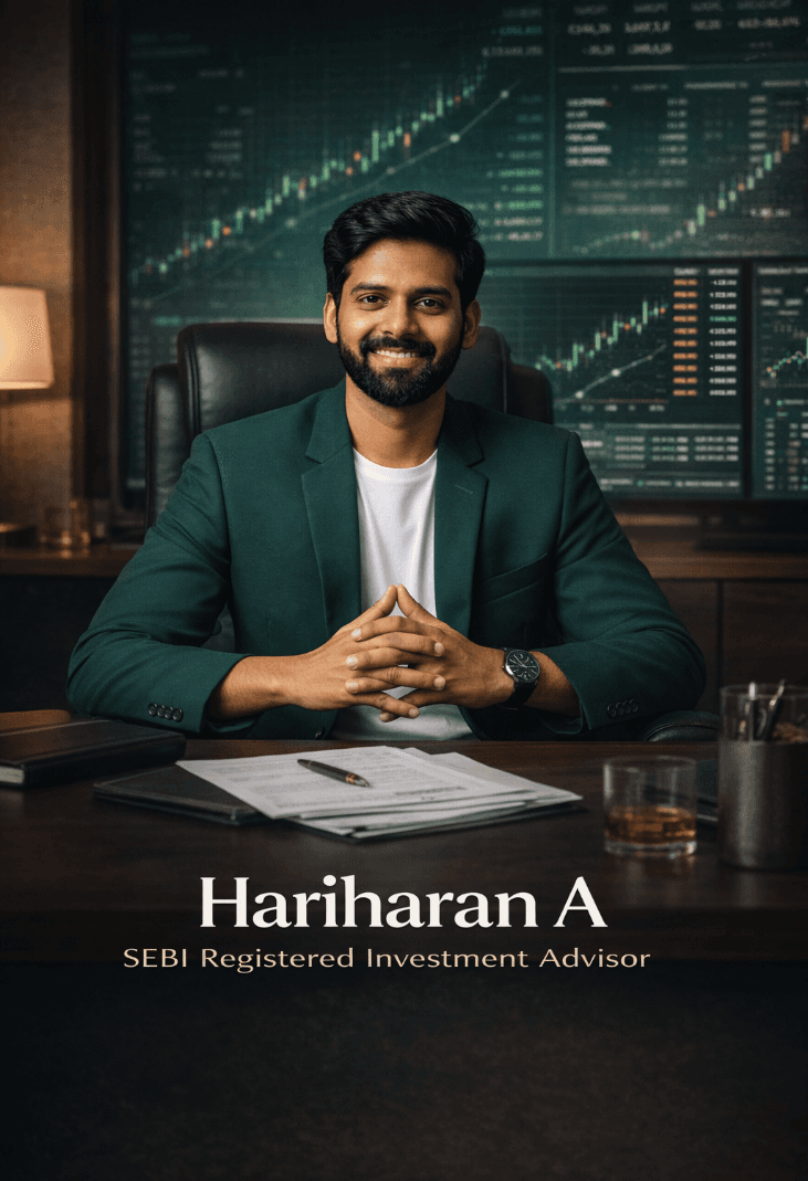 Hariharan seated at his desk in front of market screens